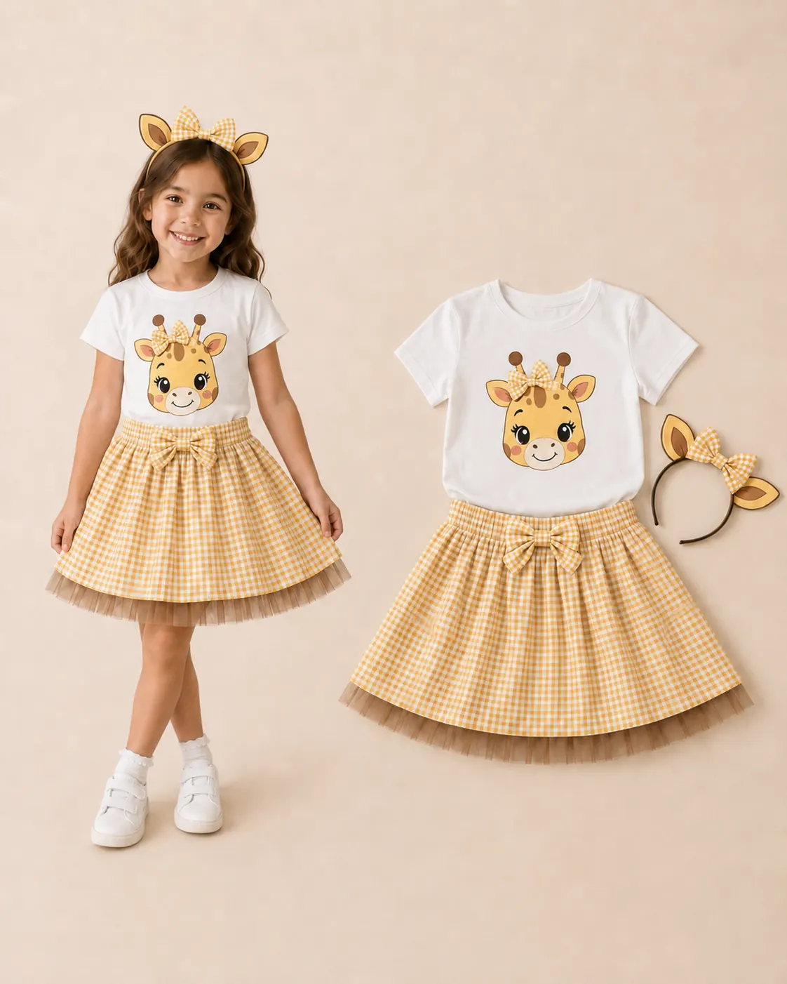 Conjunto infantil con falda vichy amarilla y camiseta jirafa